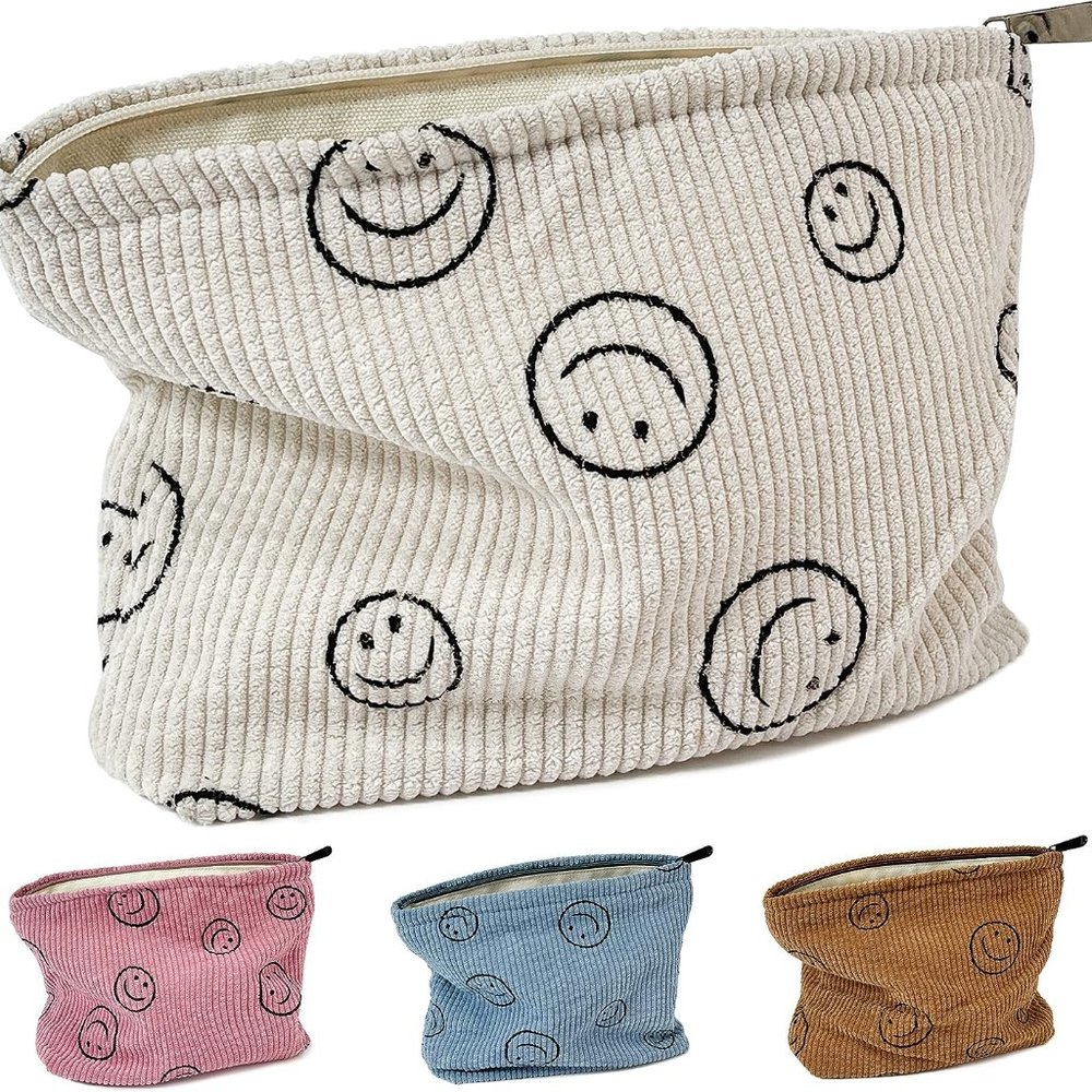 BEEKBING Smiley Face Corduroy Makeup Bag